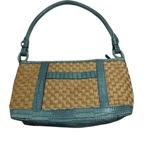 Adrienne Vittadini Straw Weave Blue Faux Croc Trim Shoulder Bag Purse